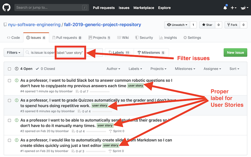 GitHub user story issues