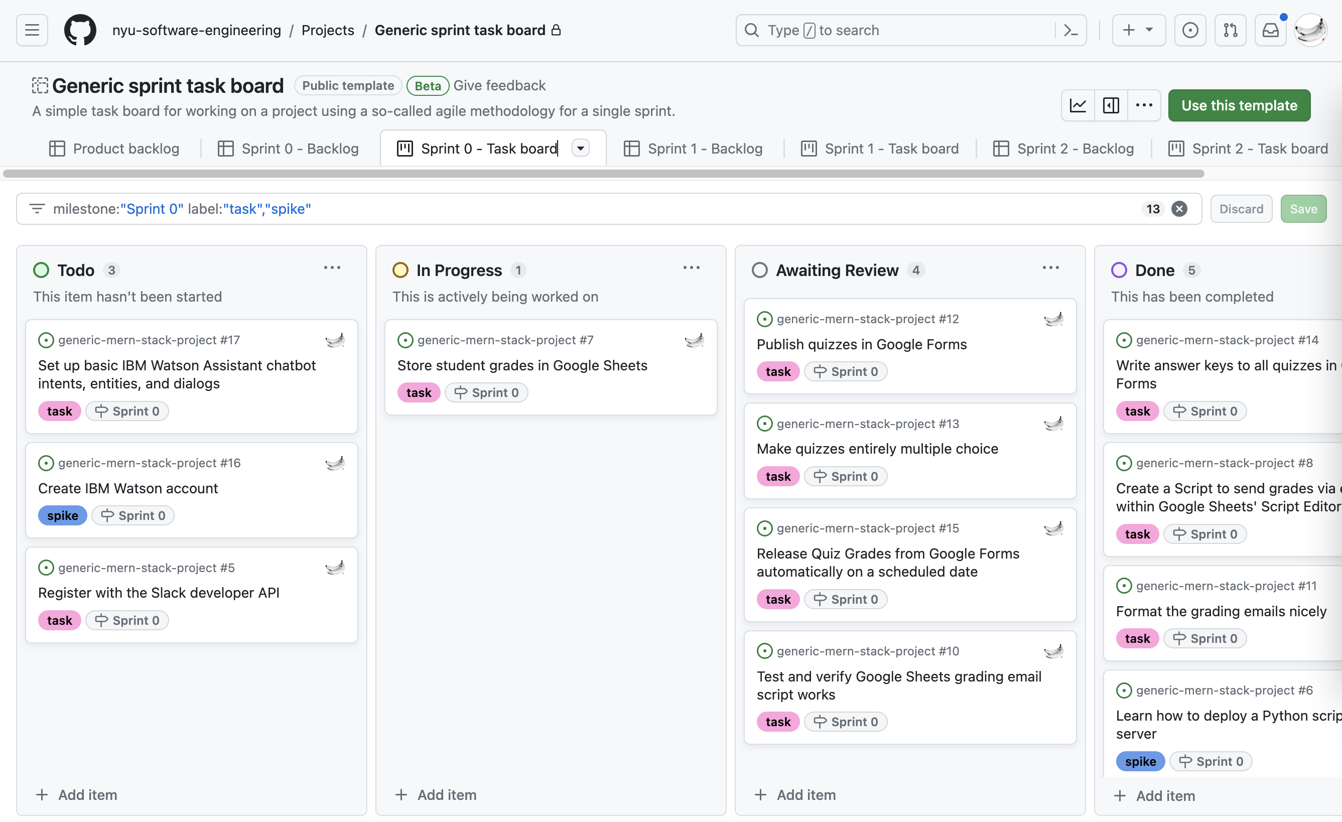 GitHub task board set up with user stories in the sprint backlog and nicely labeled tasks
