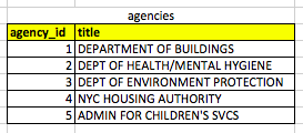 A table representing NYC government agencies. Note the agency_id field
as the primary
key
