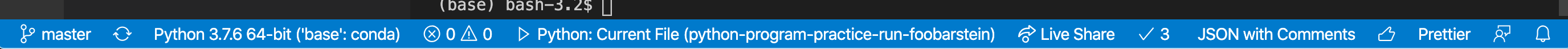 Visual Studio Code's status bar... notice the checkmark indicating
the tests
passed