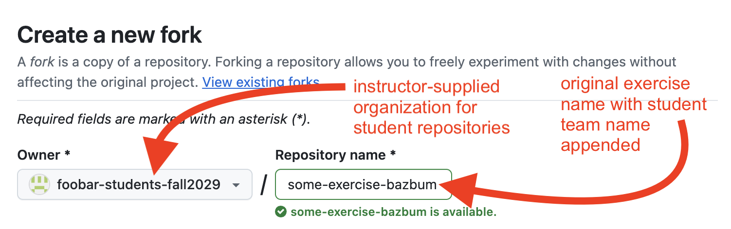 Screenshot of forking an instructor-supplied repository