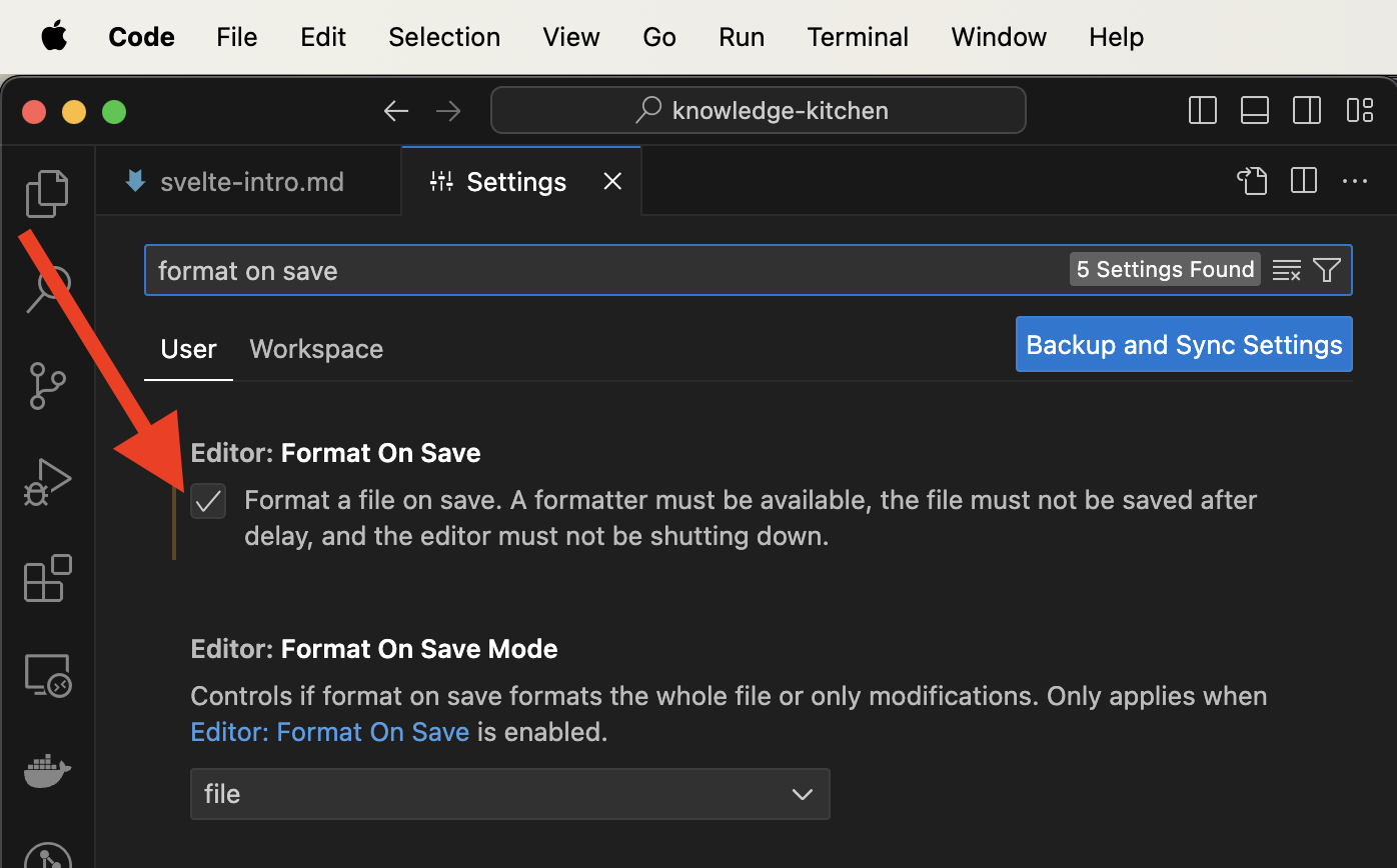 Setting to format on save in VSCode